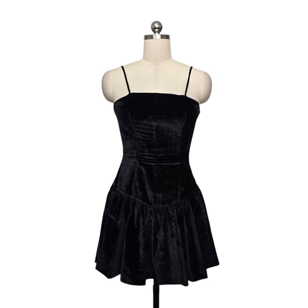 Maeve Anthropologie Black Velvet Dropped Waist Mini Dress XS Smocked Back LBD